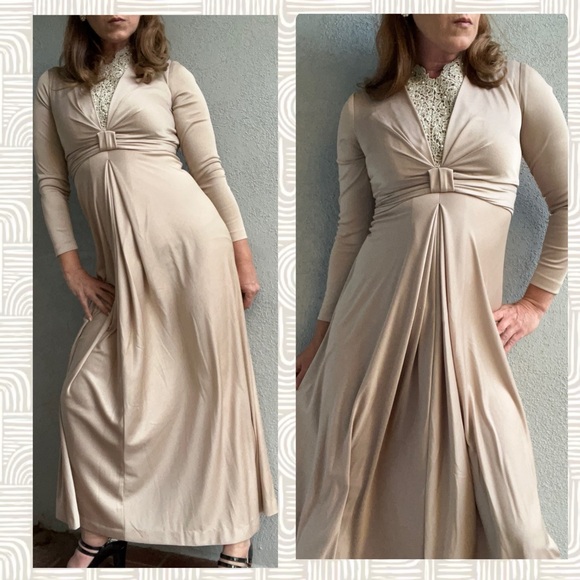 Vintage 70’s ILGWU Union Made Champagne Maxi Dress w/ Lace Pearls VTG 10 Sz 6 - Picture 3 of 11